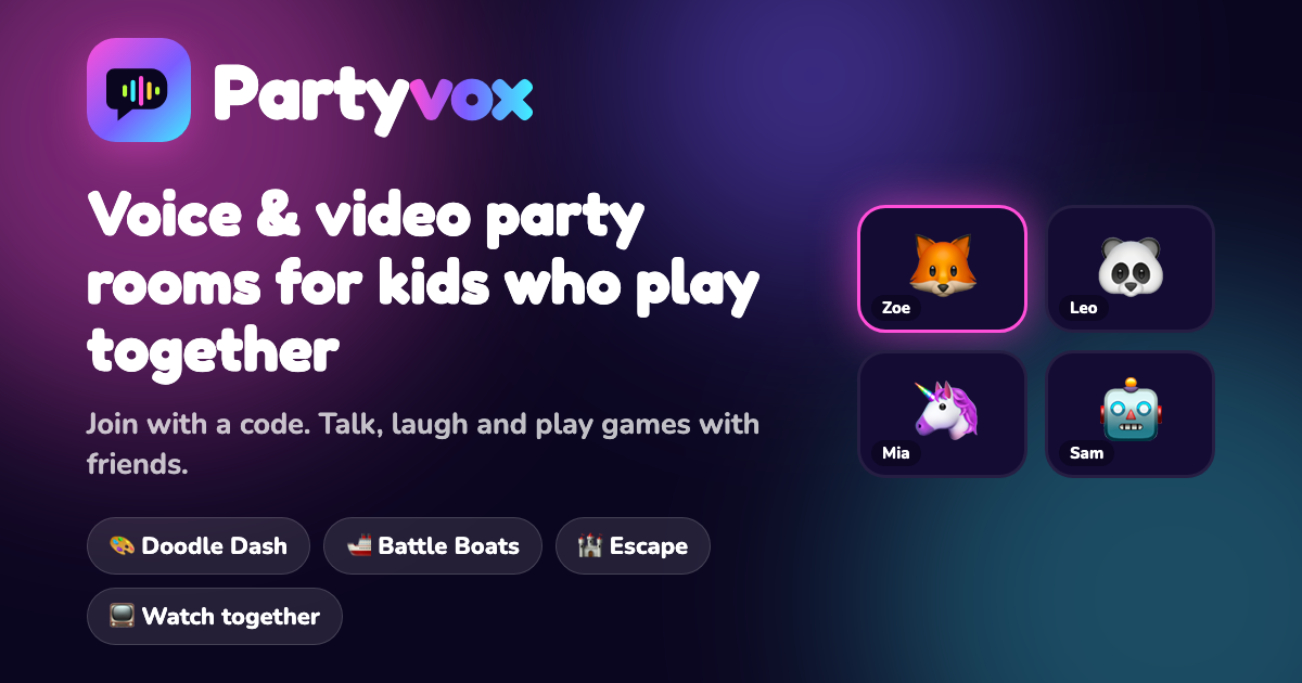 Partyvox – party rooms for kids who play together — official social preview